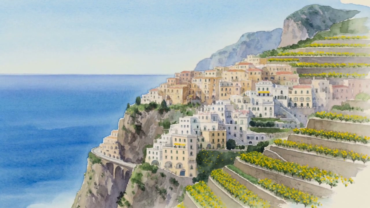 Watercolor of the Amalfi coast — a village stacked above a deep blue sea, lemon terraces climbing the cliff