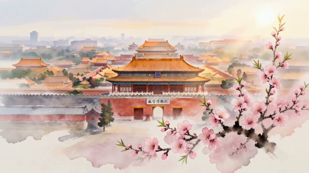 Watercolor of the Forbidden City at golden hour, peach blossoms in the foreground