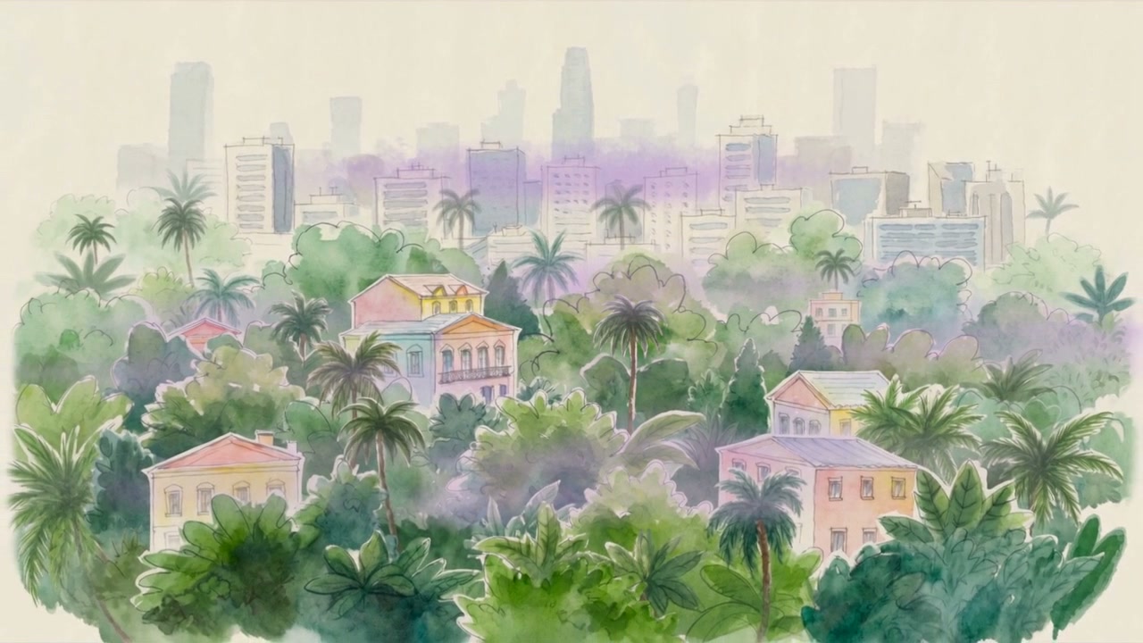 Watercolor of Rio — painted houses in tropical greenery before a misty skyline