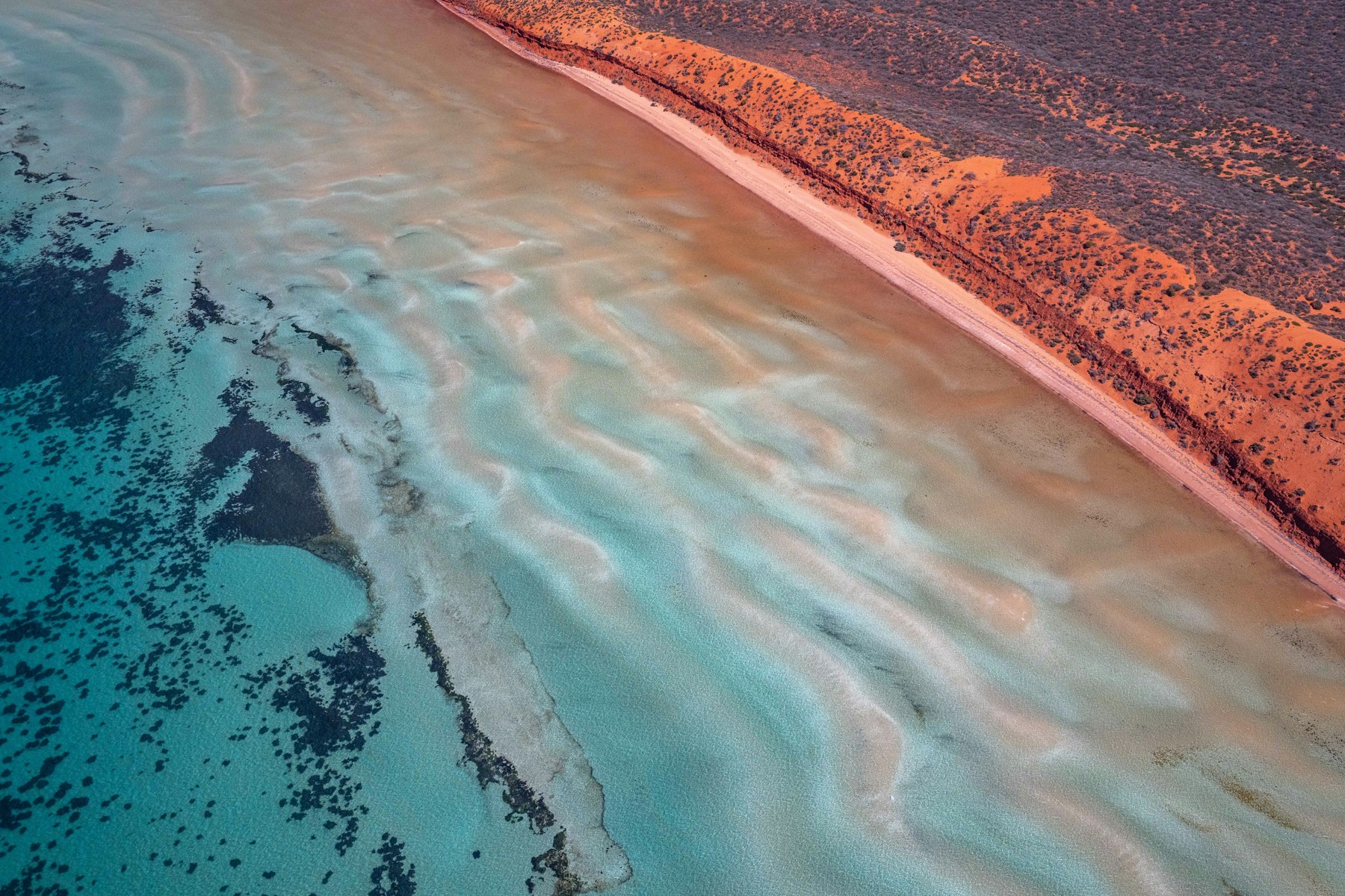 A terracotta shoreline meeting pale turquoise shallows, painterly from above