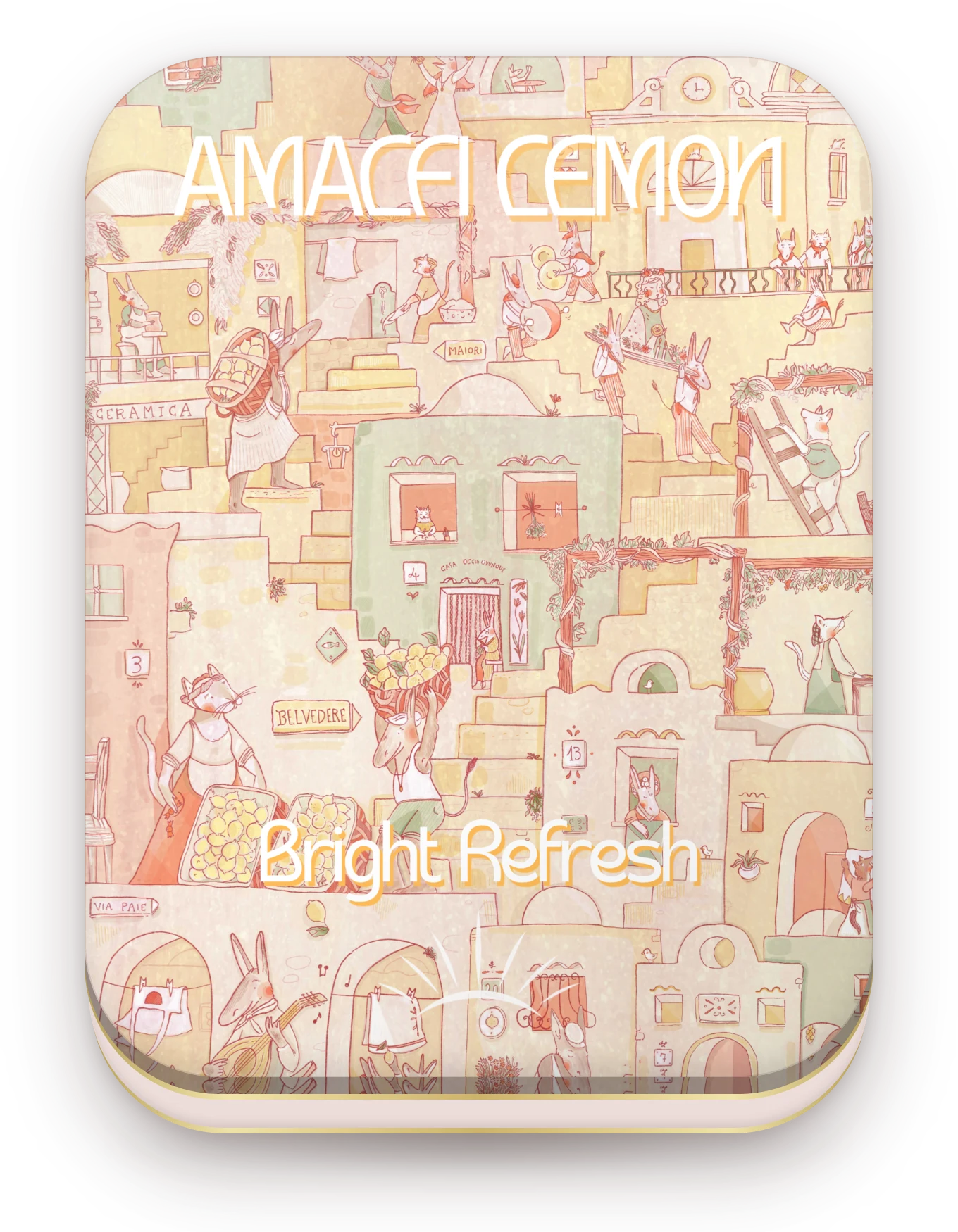 Amalfi Lemon tin — a pale lemon-yellow lid illustrated with a hillside village of cats and lemon sellers