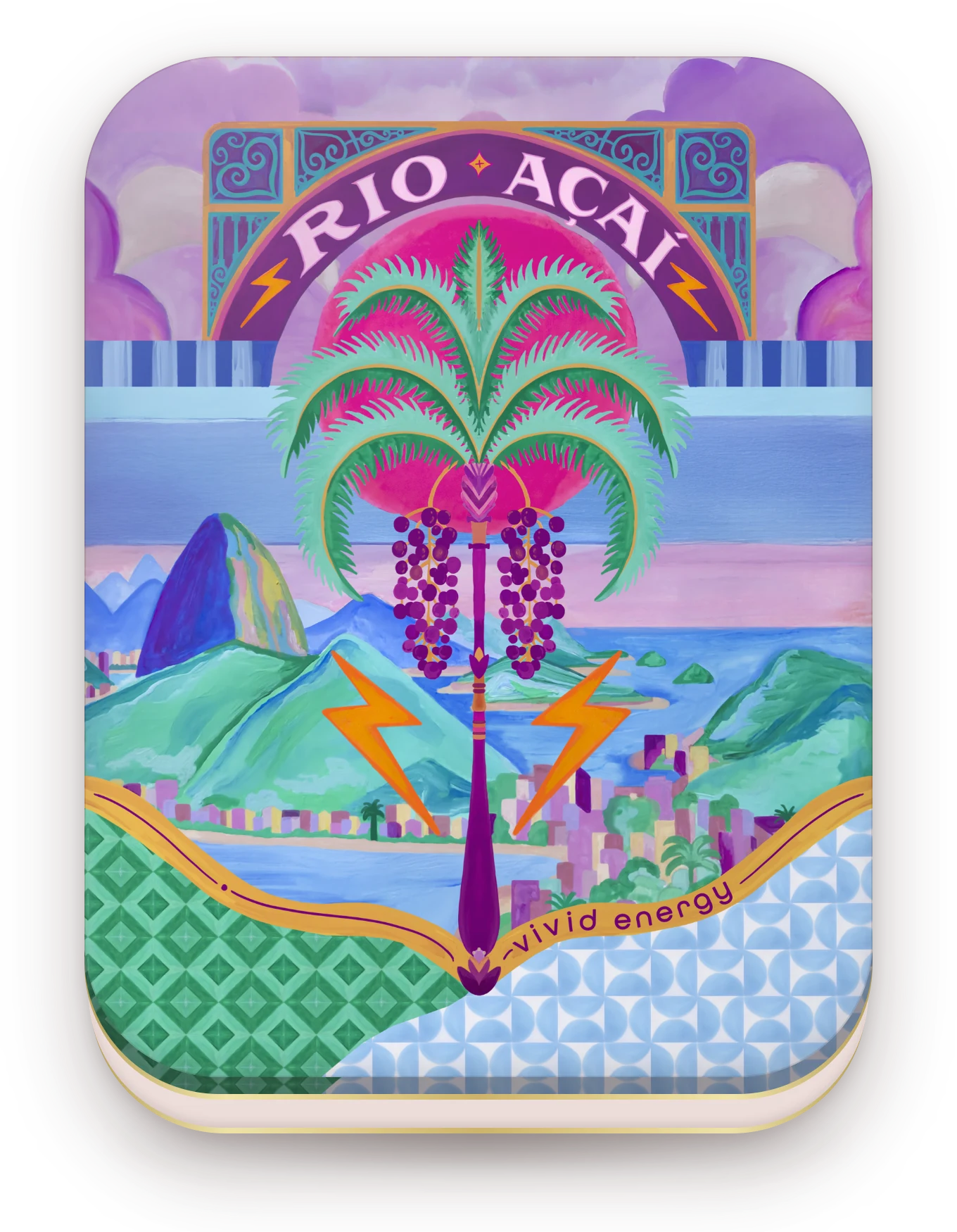 Rio Açaí tin — a violet and green lid with a palm of açaí berries over Sugarloaf and the bay